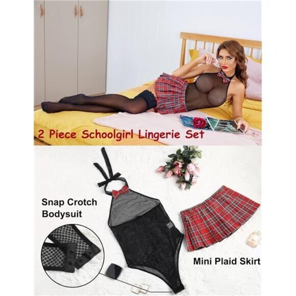 Women School Girl‎ Lingerie Sexy Set Student Snap Crotch Bodysuit and Mini Skirt - Picture 4 of 5